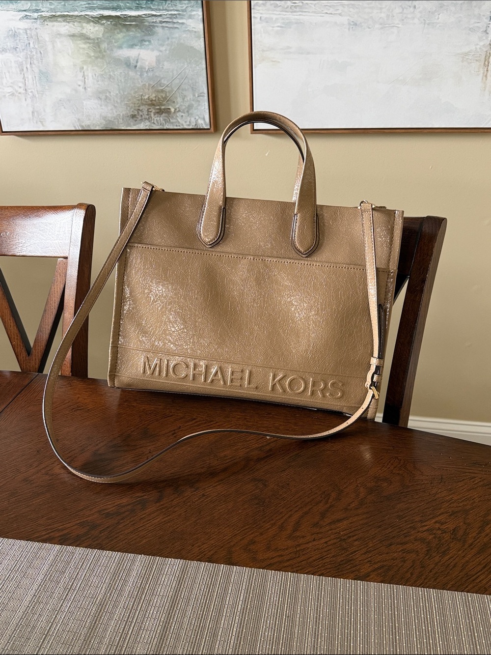 Michael Kors Taupe Leather Embossed Logo Tote